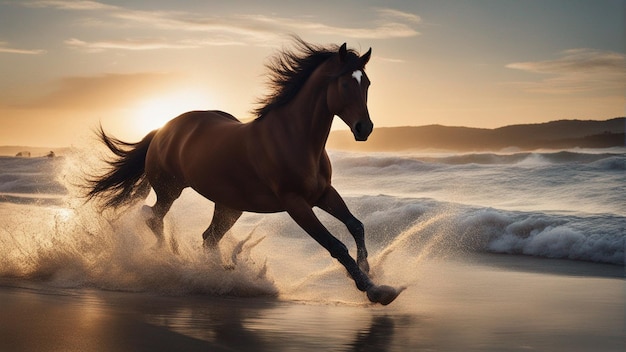 写真 ビーチを走る超現実的な馬のグループ