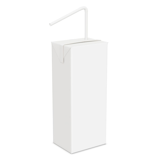 Фото Изображение белой коробки с соком с соломой, изолированной на пустом фоне