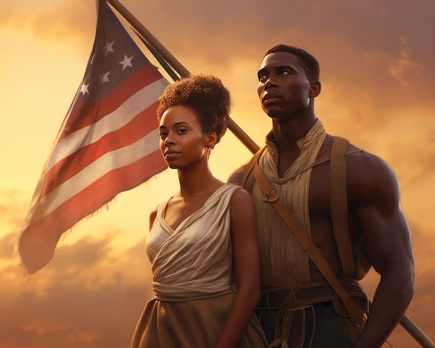 写真 アメリカの国旗を後ろに持つアフリカ系アメリカ人の男性と女性の美しいカップルの絵の画像