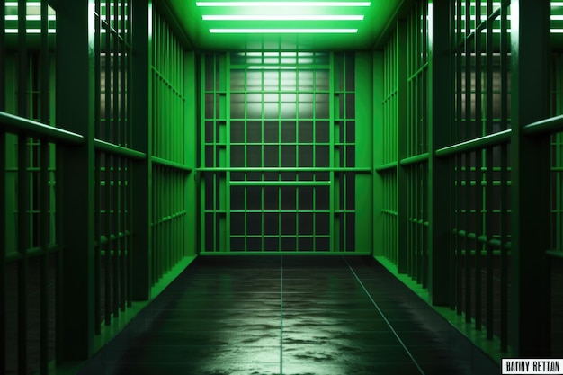 Фото Тюремная камера с зеленым светом посередине подходит для концепций преступности и правосудия
