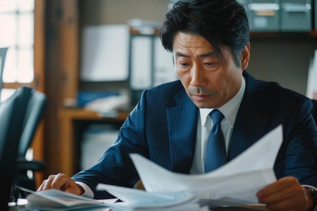 사진 일본 의 사업가 한 사람 이 미니멀 한 사무실 환경 에서 책상 에 서류 를 신중 히 배열 하고 있다