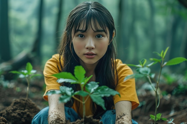 写真 木を植える日本のティーンエイジャーの女の子