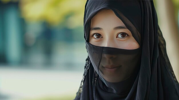 写真 イスラム教のファッションを体現する布で顔を覆った美しいイスラム様式のヘッドスカーフを着た日本人女性
