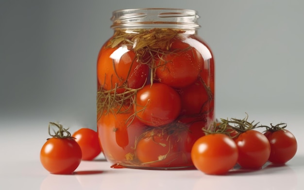Фото Банка консервированных маринованных помидоров на белом фоне генерируется здоровой эко-едой