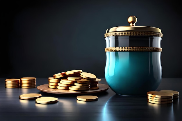 사진 금 동전 의 항아리 가 어두운 배경 을 가진 테이블 위 에 있다