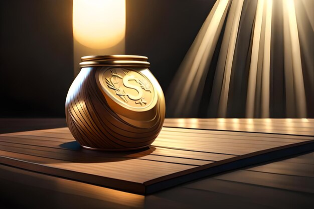 Фото Банку с золотыми монетами денег на столе с темным фоном