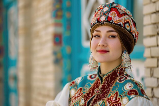 Фото Радостная и красивая молодая казахстанка в традиционной одежде празднует новруз