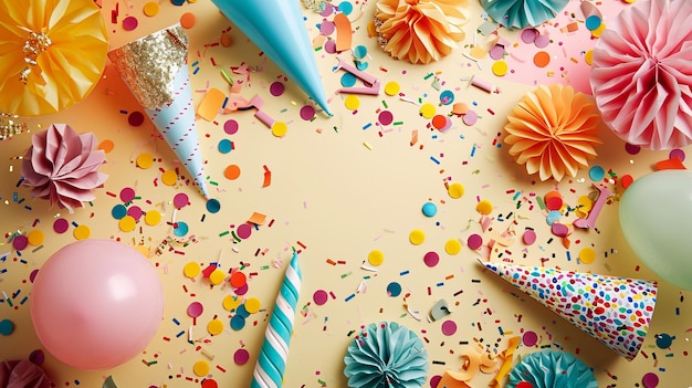 사진 다채로운 파티 장식물 과 축제적 인 콘페티 를 가진 즐거운 생일 축제 테이블