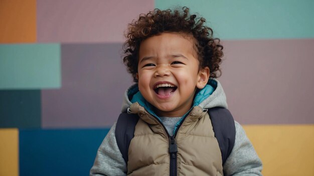 Фото Радостный ребенок смеется перед яркой стеной