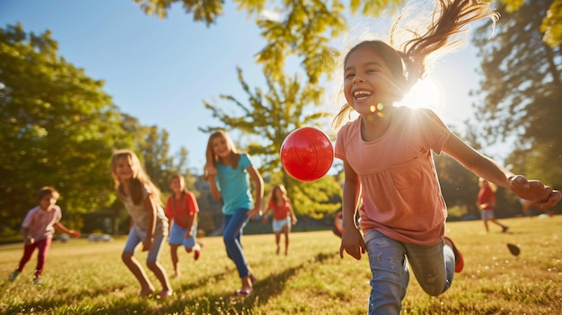 写真 陽気な子供たちのグループが 太陽に照らされた公園で 陽気にボールを追いかける 笑い声が空気を純な喜びで満たします