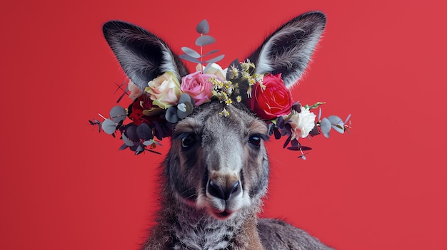 写真 頭に花束をつけたカンガルーがカメラを見ているカンガルーは赤い背景の前に立っている