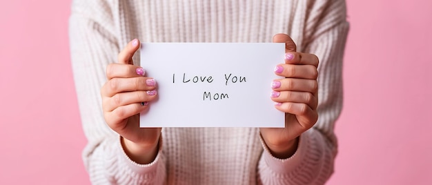 写真 a kid hand holding a mini note written i love you mom against a clean pink backdrop with a big space for banner or product background generative ai