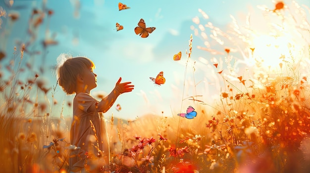 Фото Ребёнок бежит за бабочками в цветущем поле.
