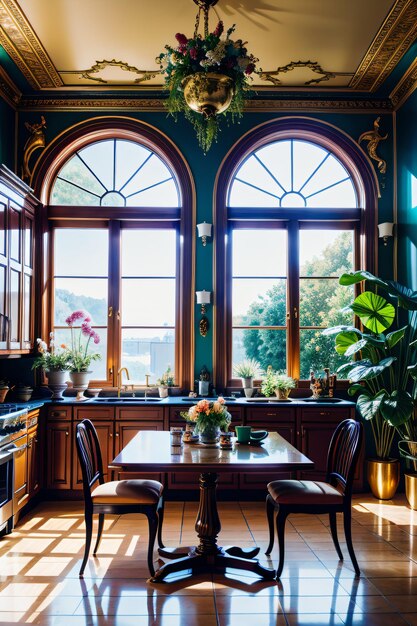 写真 テーブルと椅子と窓の植物を持つキッチン