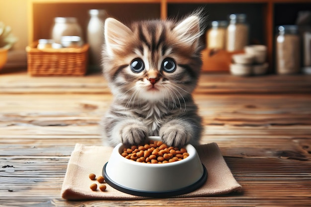 Фото Котёнок сидит на столе с миской еды перед ним