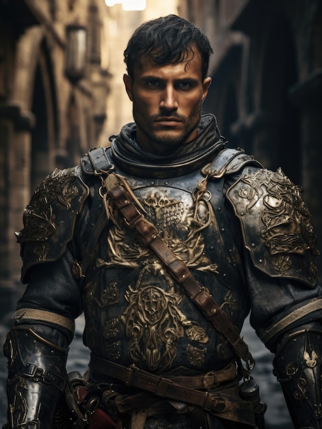 Фото Рыцарь, одетый в блестящие доспехи, символ рыцарства и доблести, стоящий решительно и готов к благородным задачам.