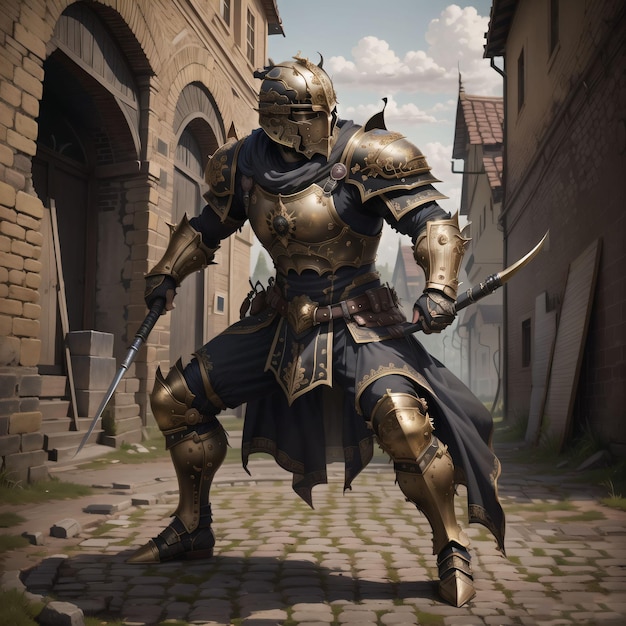 Фото Рыцарь в золотом костюме стоит на улице с мечом в руке.