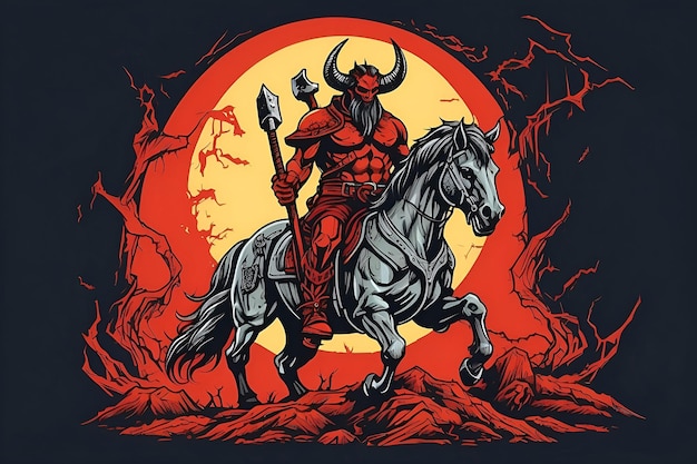 写真 赤い月を背景にした馬に乗った騎士 悪夢のエコー 叫ぶ悪魔の騎士
