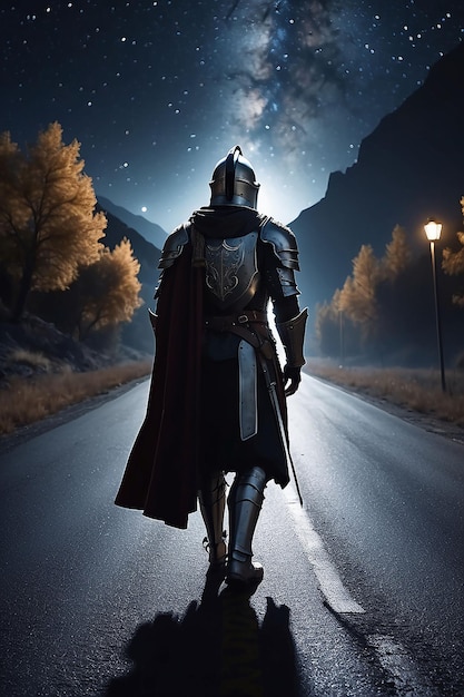 Фото Рыцарь с плащом и плащом на задней части головы стоит на дороге с лампой