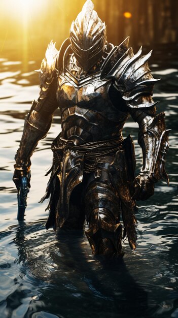 Фото Рыцарь в блестящих доспехах, идущий по воде, отражение солнца, брызги воды, эпопея