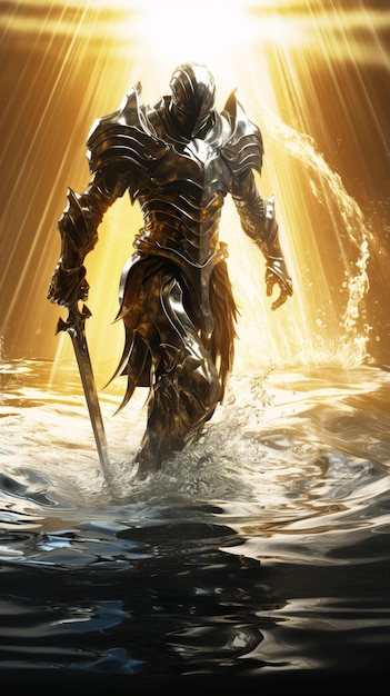 Фото Рыцарь в блестящих доспехах, идущий по воде, отражение солнца, брызги воды, эпопея