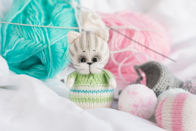 写真 編み針を持った子猫の編みかごの中の糸のボールを着色手作りの針編みの創造的なワークショップ