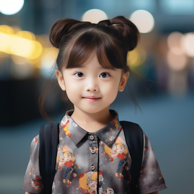 사진 한국의 작은 소녀는 좋은 헤어 스타일과 트렌디한 고품질 인쇄 셔츠를 입고 있습니다.