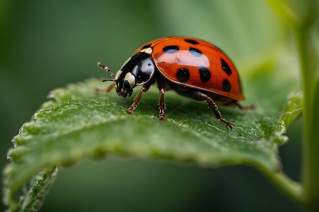 写真 背中に黒い点がある緑の葉の上にラディバグ