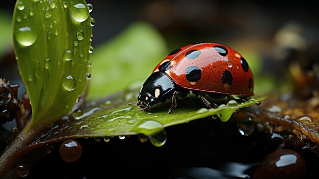 写真 葉の上に水の滴が落ちるレディバグ