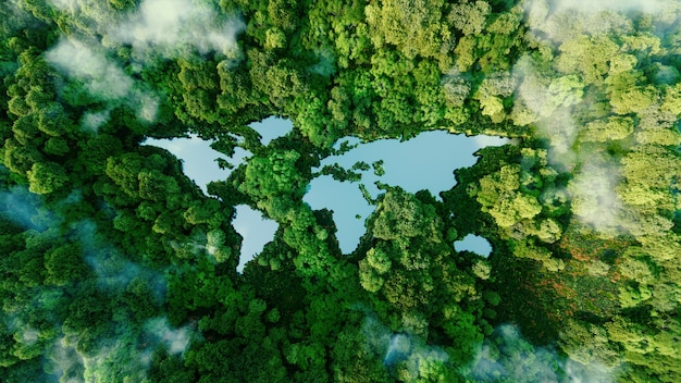 Фото Озеро в форме континентов мира посреди нетронутой природы. метафора экологических путешествий, сохранения, изменения климата, глобального потепления и хрупкости природы. 3d визуализация