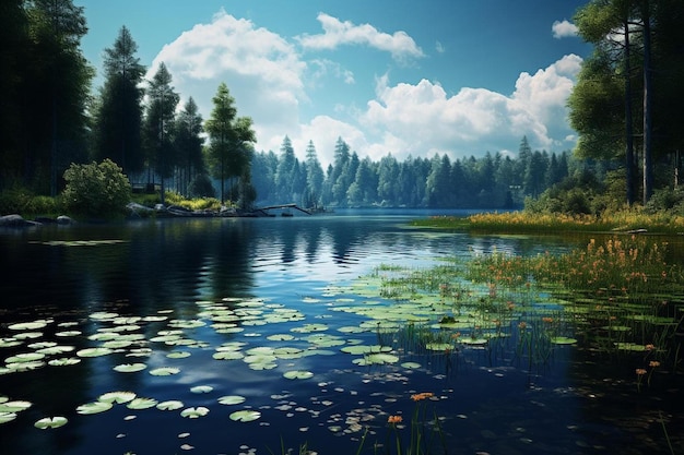 사진 호수와 나무를 배경으로 한 호수