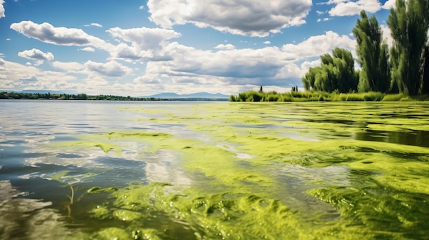 Фото Озеро с зелеными водорослями и деревьями