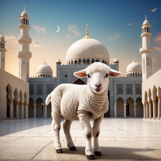 사진 모스크 배경을 가진 양 이슬람 개념의 eid aladha