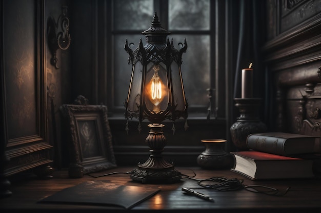 Фото Лампа на столе с свечой и книгой.