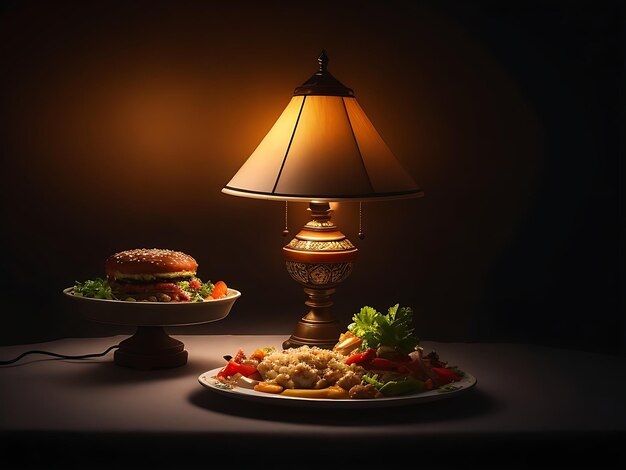 写真 ラマダンのイフター料理の皿が付いたランプ 暗い光のぼんやり アイが生成された