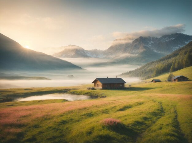 写真 軽い霧と山と ⁇ やかな湖のある狩 ⁇ 小屋の春の草原の風景