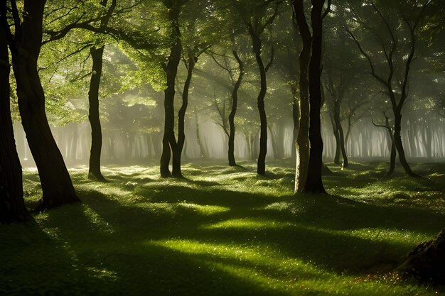 写真 木々が生き返り 柔らかいエーテルな光を放つ 魔法の森の風景