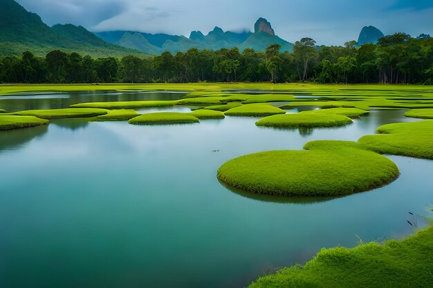 写真 湖の緑の苔のある風景