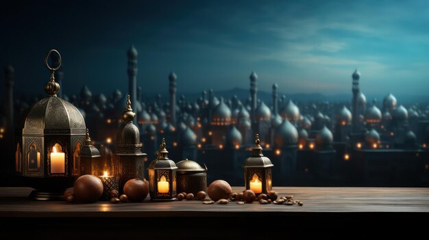 写真 ラマダン カリーム イード ウル フィッター イード ウル アドハー イスラムの壁紙と背景の聖なる月のイスラム教の祝日の美しい背景を持つ木のテーブルにランタンが置かれます。