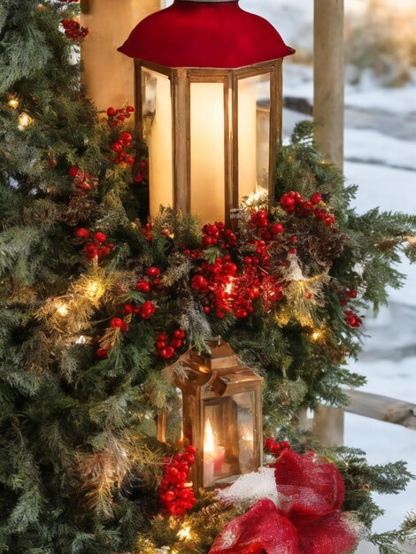 写真 クリスマスツリーにキャンドルとベリーが付いたランタン