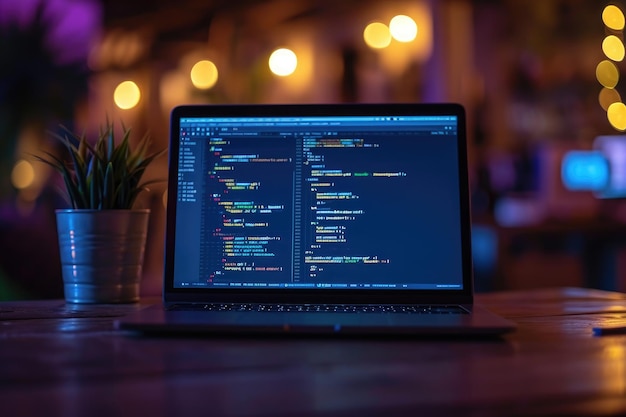 Фото Ноутбук-компьютер помещен на деревянный стол в профессиональной офисной среде открытый ноутбук с кодом, появляющимся на экране