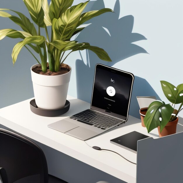 Фото Ноутбук на столе с растением на заднем плане.