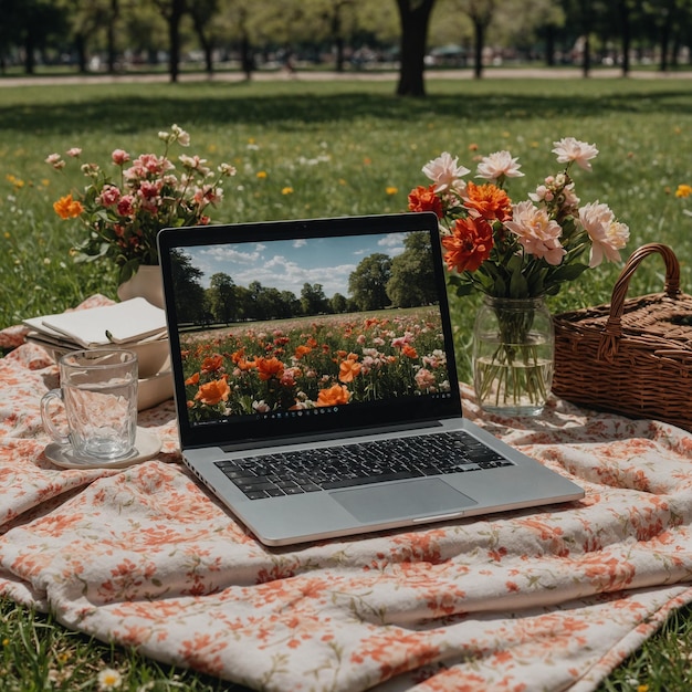 Фото Ноутбук с цветами на нем и корзиной цветов на траве