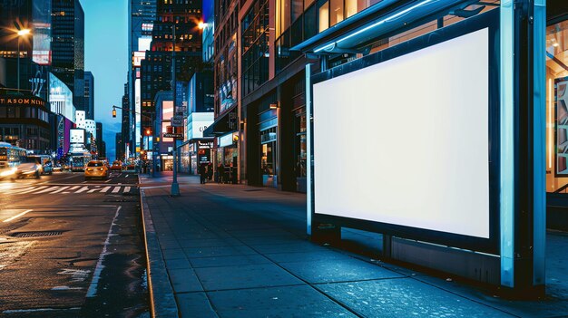 写真 夜ニューヨークのタイムズ・スクエアのバス停にある大きな白い広告板