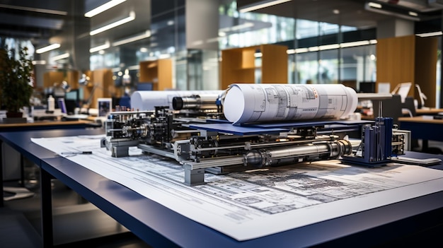 Фото Плотер большого формата в инженерном офисе печатает чертежи дизайна в виде широкого баннера
