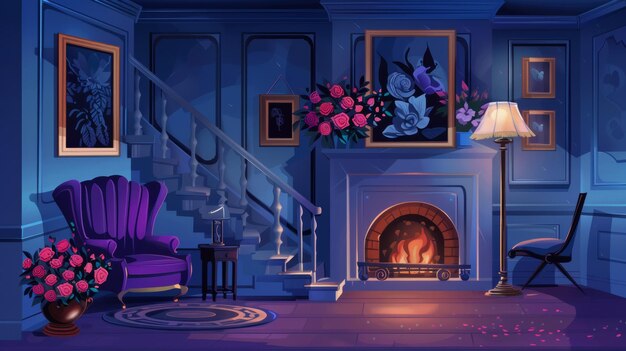 Фото Большая гостиная с камином в ночное время современная мультфильмная иллюстрация интерьера дома или вестибюля отеля со стулом и диваном букет роз в вазе у лестницы подошвенная лампа и