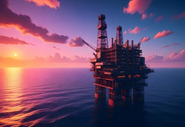 Фото Большая нефтяная буровая установка на воде при заходе солнца