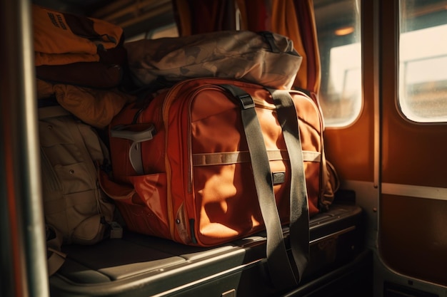 写真 大きなオレンジ色のバッグが列車の上に座っているのが見えます. この多様な画像は,旅行輸送や荷物を描くのに使用できます.