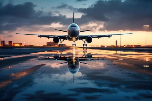 写真 大都市の空港に大型旅客機が着陸滑走路に飛行機の反射