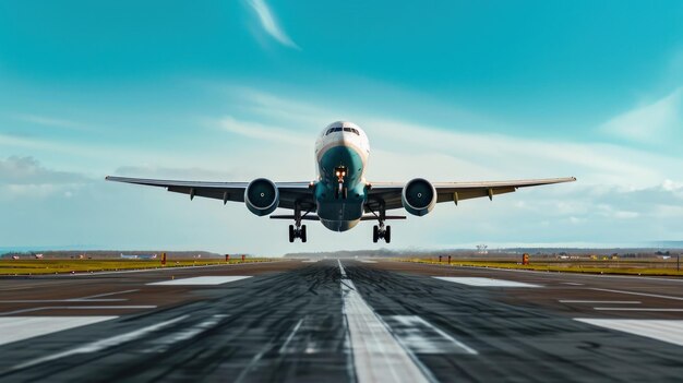 写真 大きな旅客機が滑走路のフロントビューの青い空の背景から離陸する